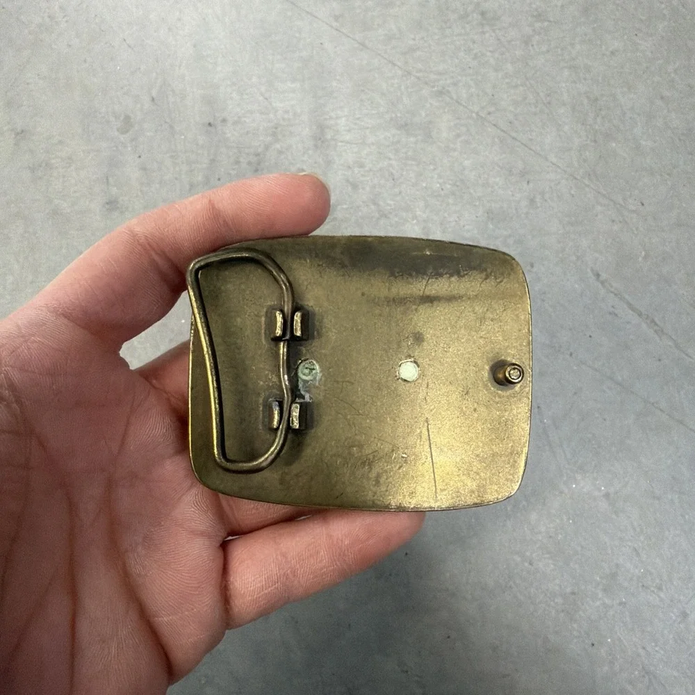 Calvin Klein Jeans Body Armour brass on leather belt buckle skull 2.5